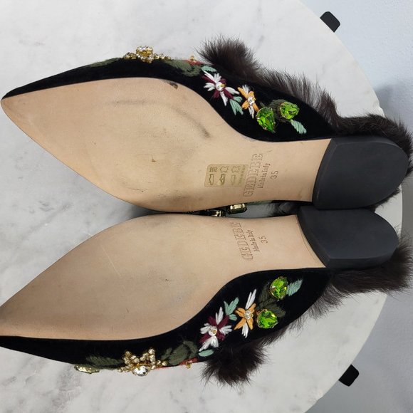 NWB~$695~GEDEBE~35/5~BLACK EMBELLISHED RHINESTONE REAL FUR FLATS MULES SHOES - Picture 15 of 16